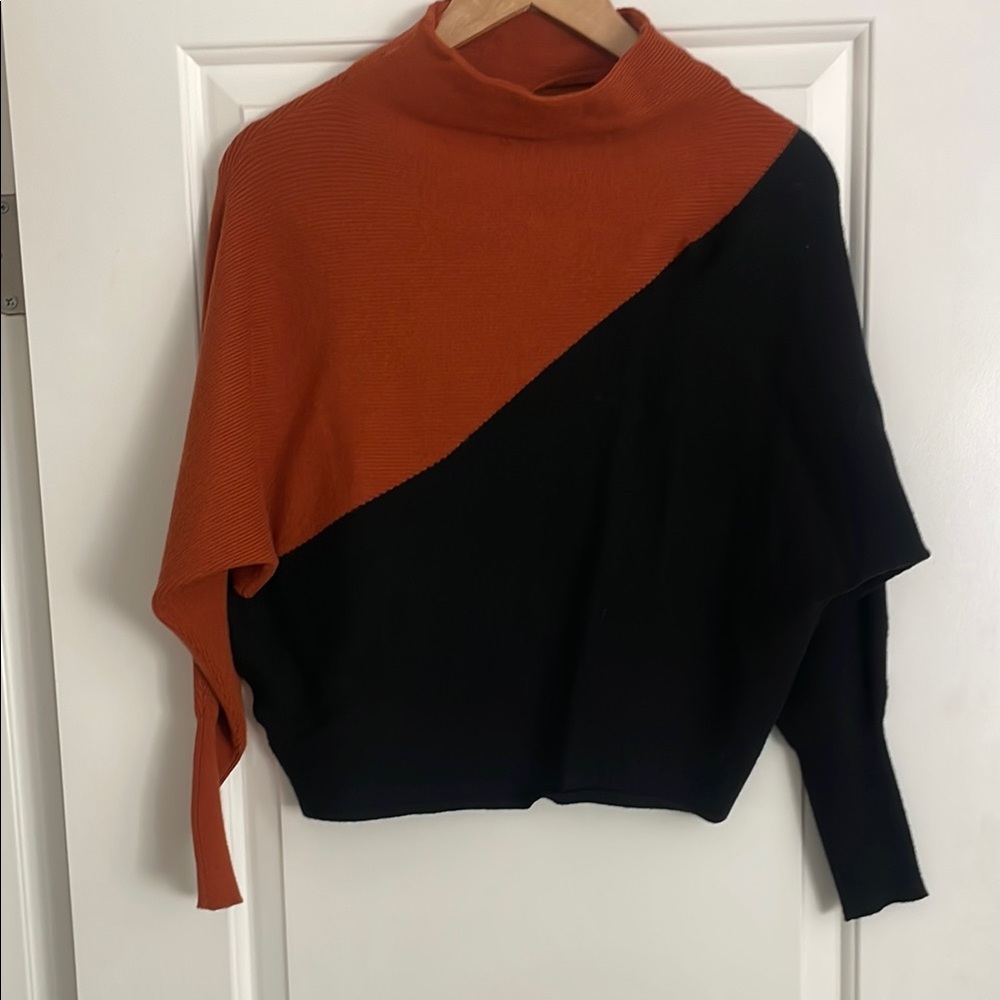 EUC T Tahari Black and Orange Cowl Neck Sweater
